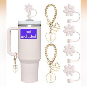 2 Butterfly w Initial I charms & 4 Flower Straw Cover Caps for Stanley New